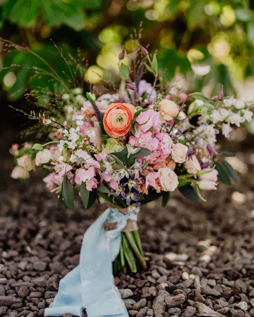 A bride’s bouquet on her wedding day