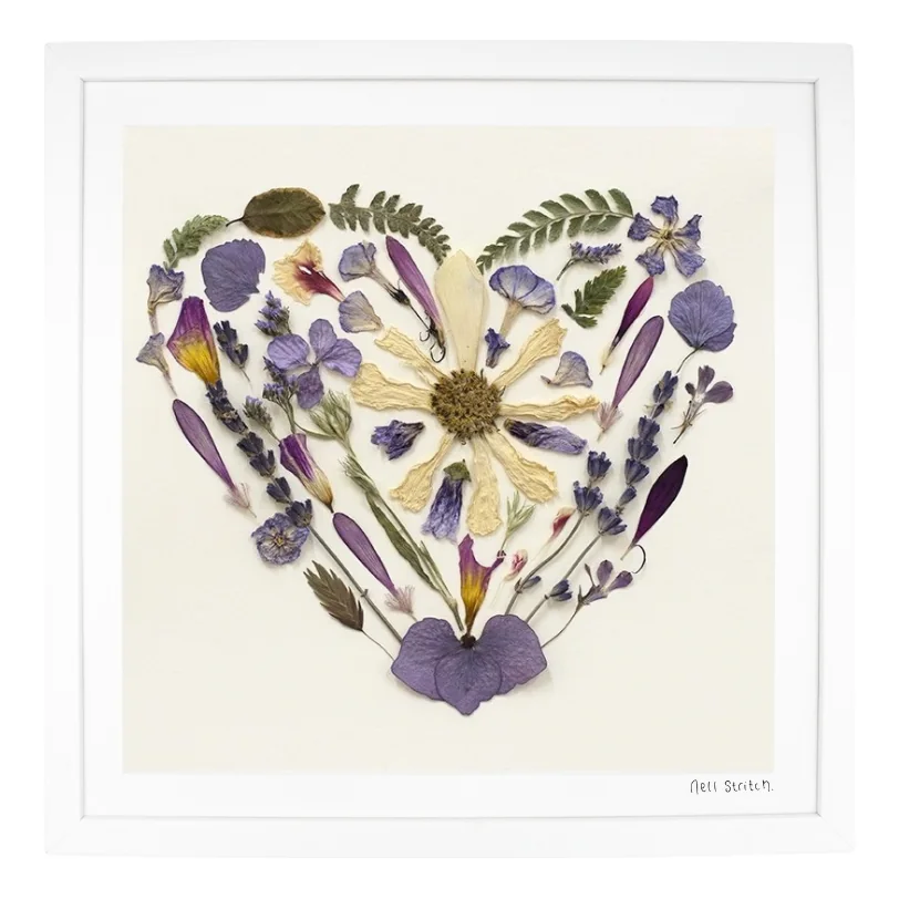 Be Still, pressed flower art in a white frame