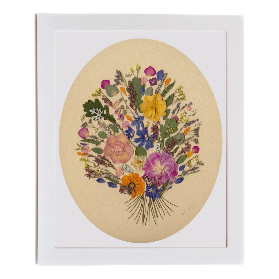 BlĂ¡thanna Na hÉirinn, pressed flower art in a white frame