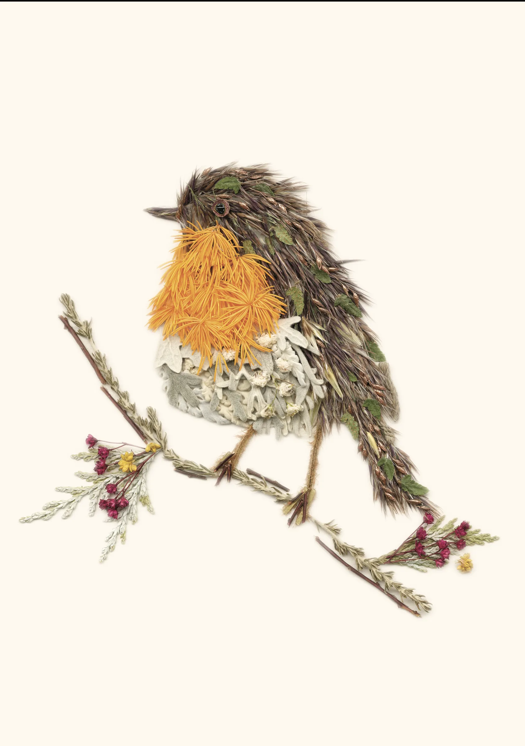 Love In Flight, a pressed flower robin on a branch