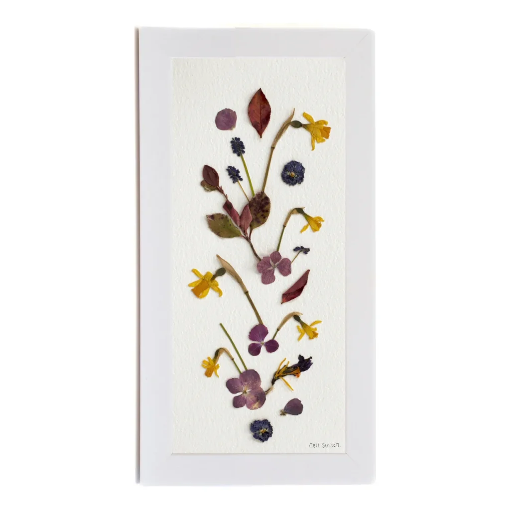 Granny's Garden, pressed flower art in a white frame