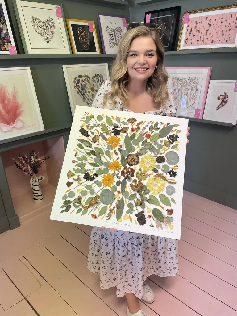 A happy bride with her framed pressed wedding bouquet
