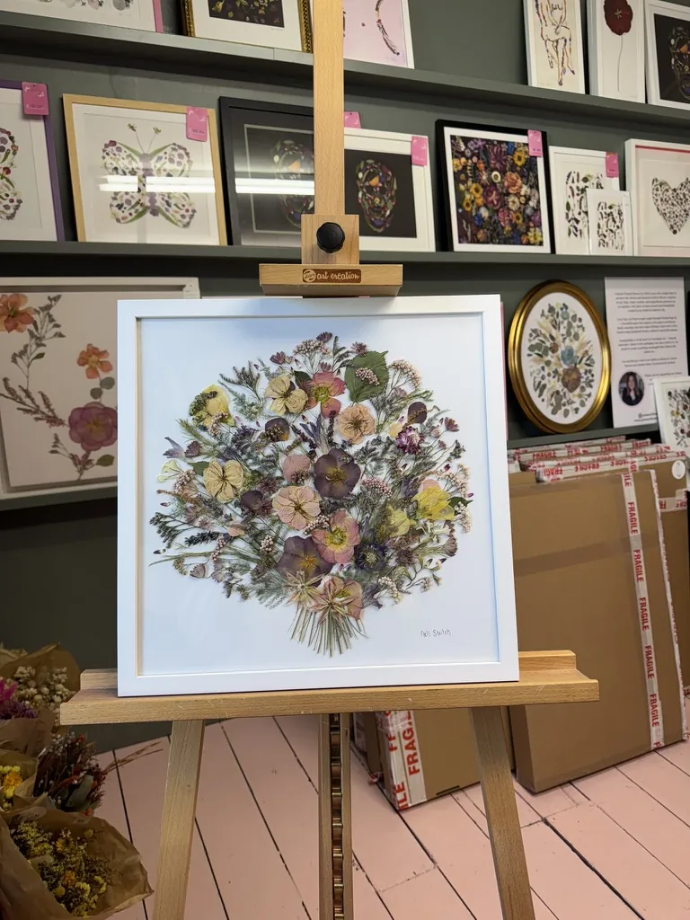 A happy bride with her framed pressed wedding bouquet