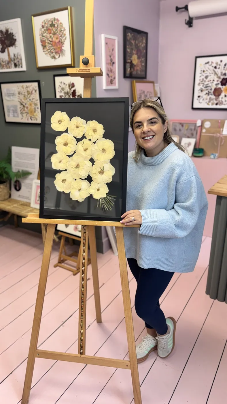A happy bride with her framed pressed wedding bouquet