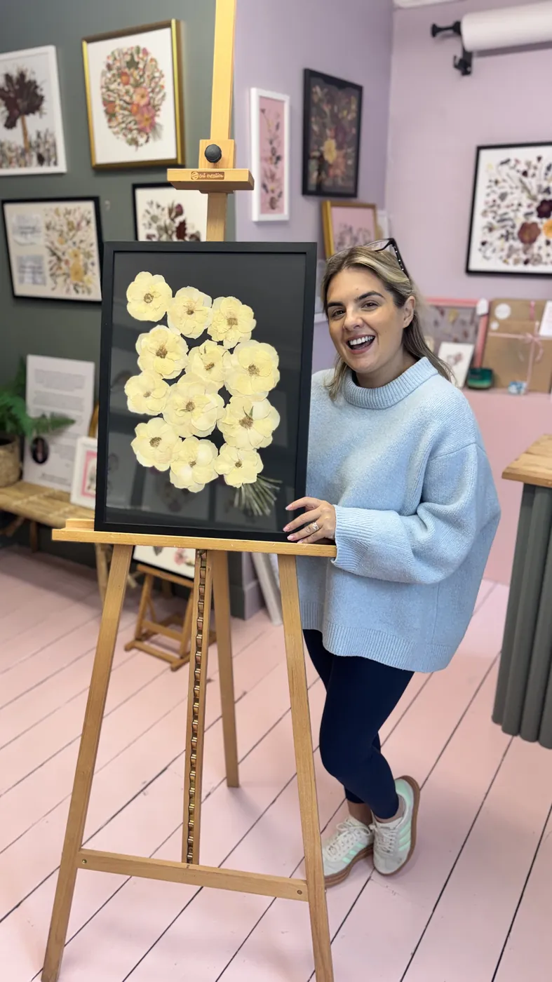 A happy bride with her framed pressed wedding bouquet