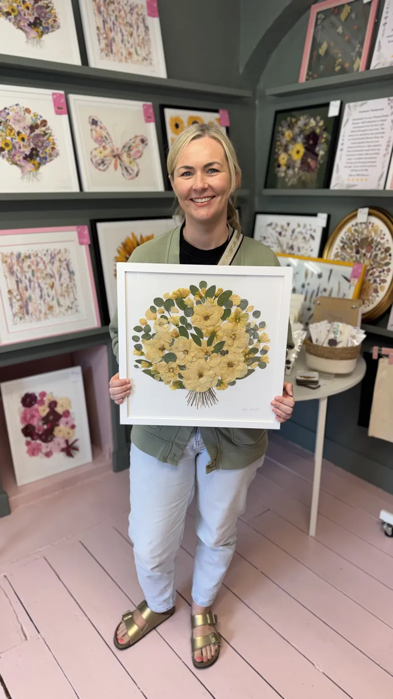 A happy bride with her framed pressed wedding bouquet
