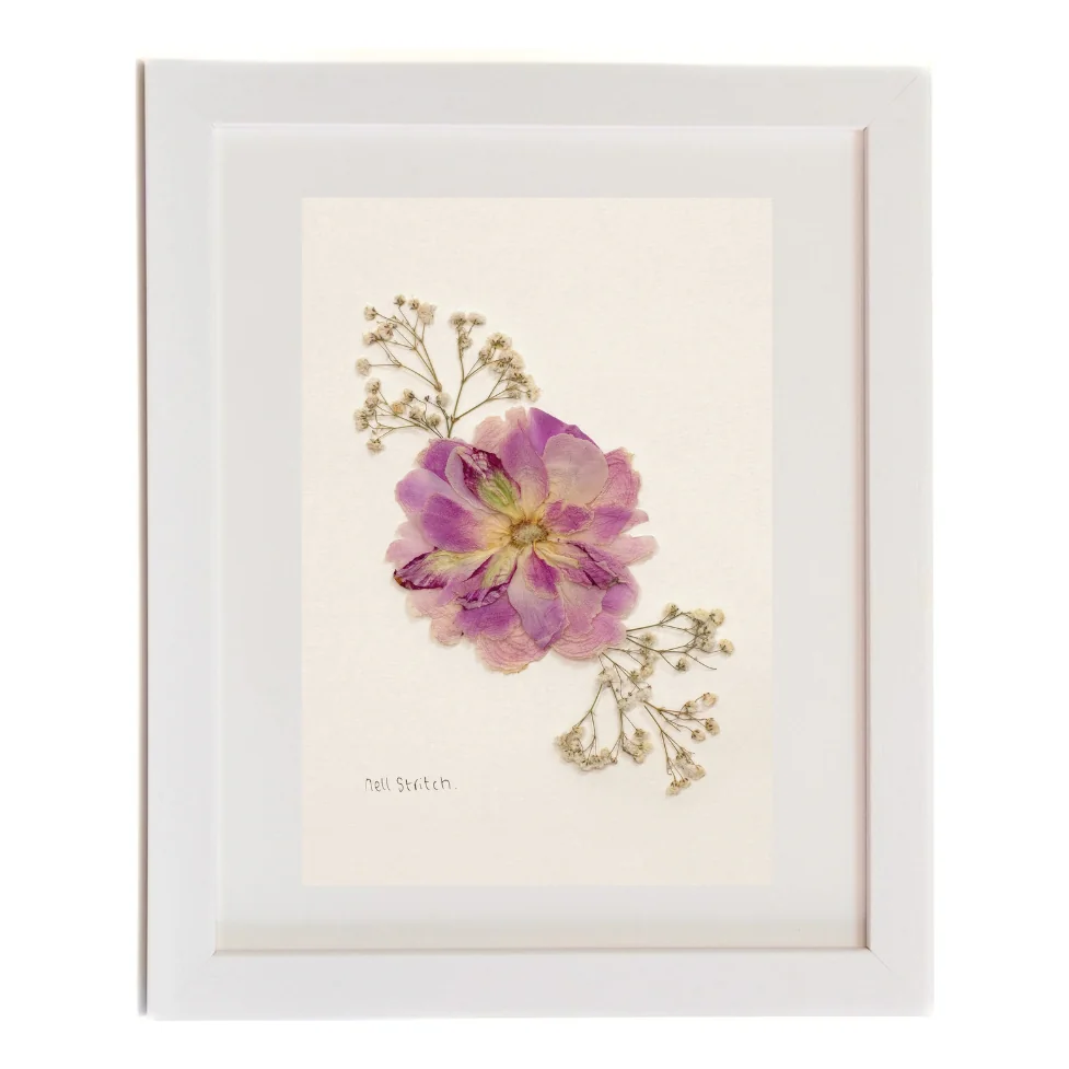 Perfect Peony, pressed flower art in a white frame