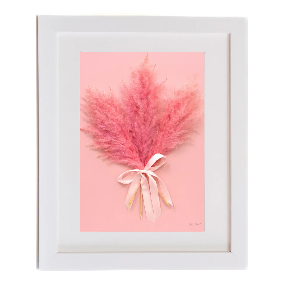 Pink Pampas, pressed flower art in a white frame