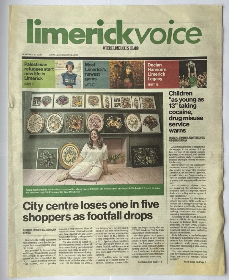 The front page of the Limerick Voice featuring Nell in her studio