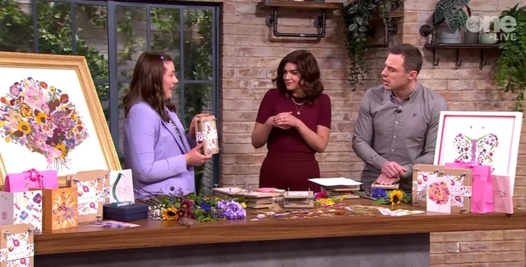 Nell on the Ireland AM studio set with her pressed flower gifts