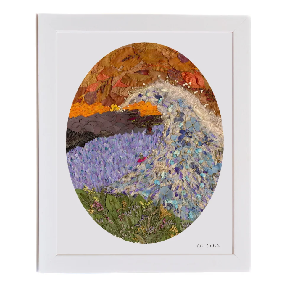 Sunset at the Cliffs of Moher, pressed flower art in a white frame