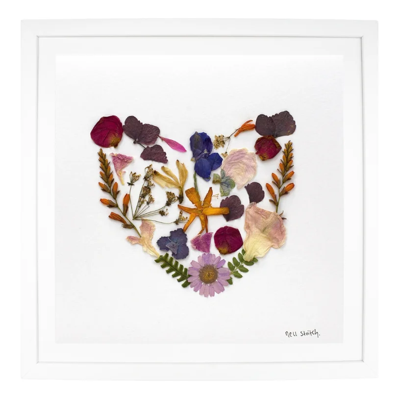 Wild At Heart, pressed flower art in a white frame